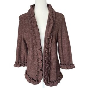 Chocolate Brown 100% Wool Cardigan / Ruffle Hem